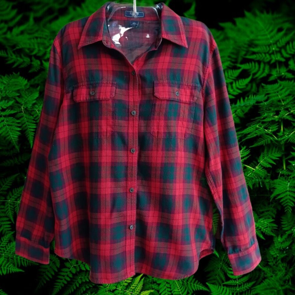 Chaps Denim Womens Plaid Top Shirt Button Front Long Sleeves Cotton Size L